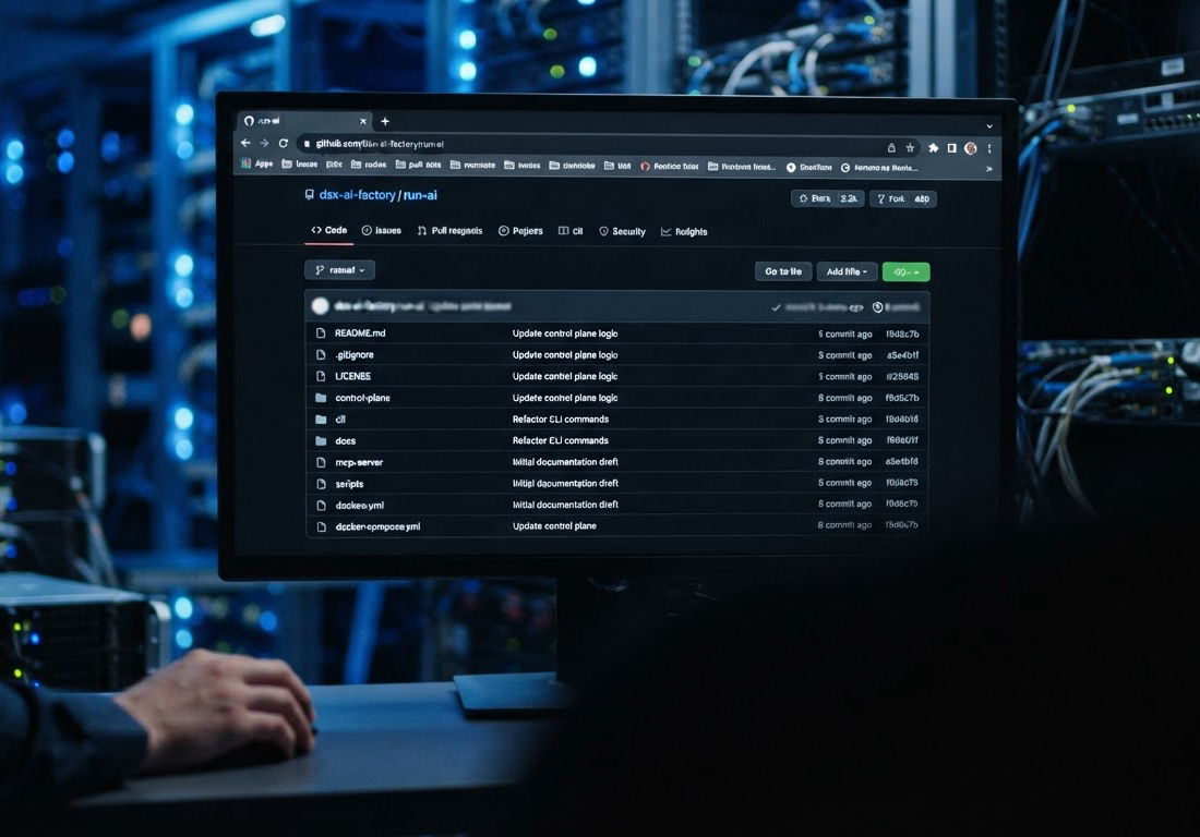 Tela de navegador exibindo repositório de código aberto com arquivos de plano de controle, CLI, documentação e servidor MCP, com racks de servidores GPU ao fundo em ambiente de laboratório com luz azulada.