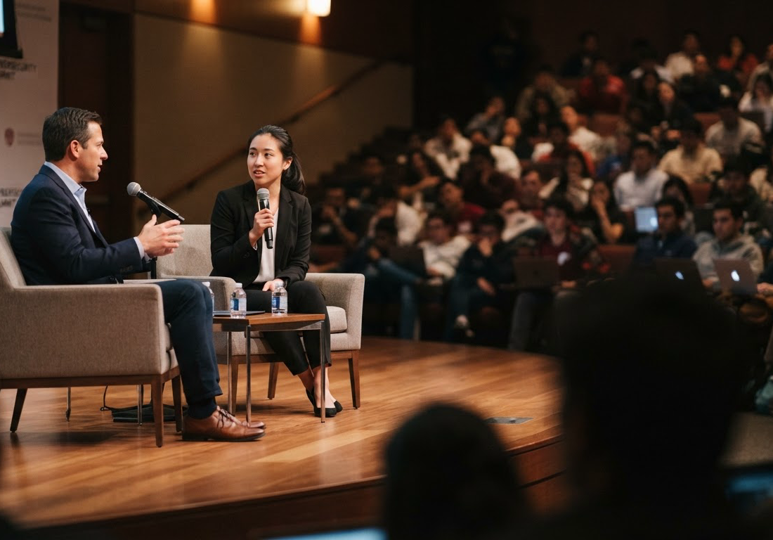 Estudante entrevista executivo em poltronas sobre um palco de auditório iluminado por luz quente, com plateia de alunos ao fundo