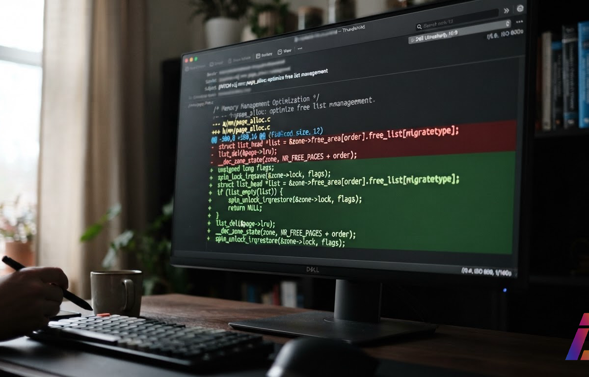 Tela de notebook exibindo página de e-mail com patch do kernel Linux, destacando diff de gerenciamento de memória em linhas verdes e vermelhas sob luz lateral suave, com espaço livre no canto inferior direito