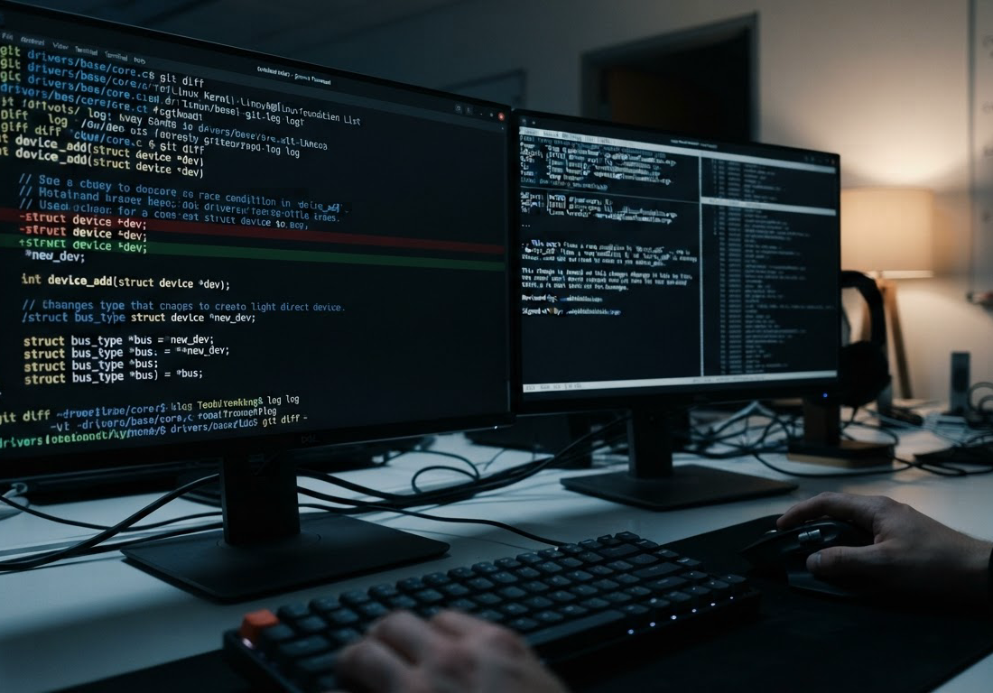 Close-up de um monitor com terminal exibindo um diff de código C do kernel Linux, com linhas destacadas em verde e vermelho, ao lado de janelas com e-mails de lista de revisão, sob luz fria de escritório