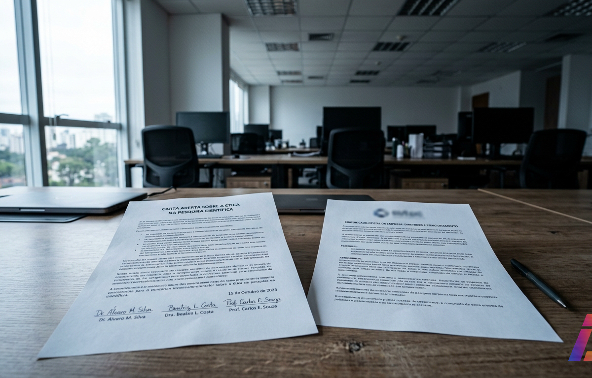 Fotografia editorial de uma carta aberta assinada por três pessoas sobre uma mesa de escritório, ao lado de um comunicado oficial impresso de uma empresa, iluminada por luz fria em ambiente de escritório vazio, sem rostos ou logotipos ident
