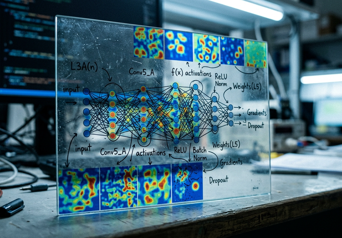 Fotografia macro de um painel de vidro impresso com mapas de calor coloridos representando ativações internas de uma rede neural, com anotações manuscritas à caneta sobre os gráficos, iluminado por luz fria de escritório de pesquisa.