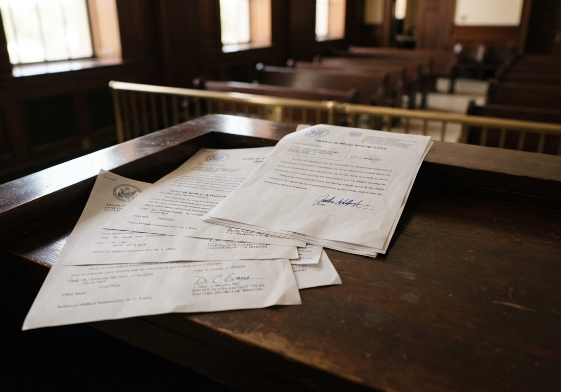 Documento judicial assinado sobre uma bancada de madeira de tribunal, ao lado de três intimações para perícia médica, iluminados por luz lateral