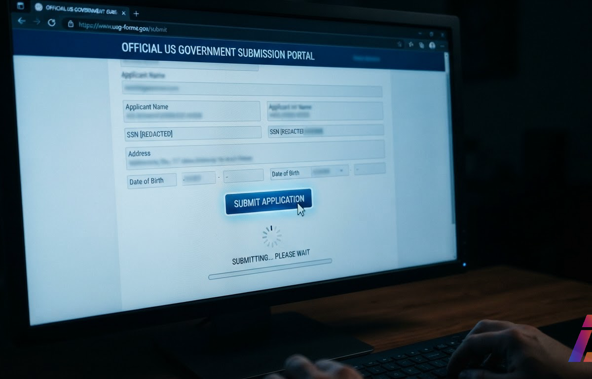 Primeiro plano de tela de computador exibindo formulário oficial de site governamental dos Estados Unidos sendo enviado automaticamente, com o cursor do mouse posicionado sobre o botão de submissão, sob luz fria de monitor