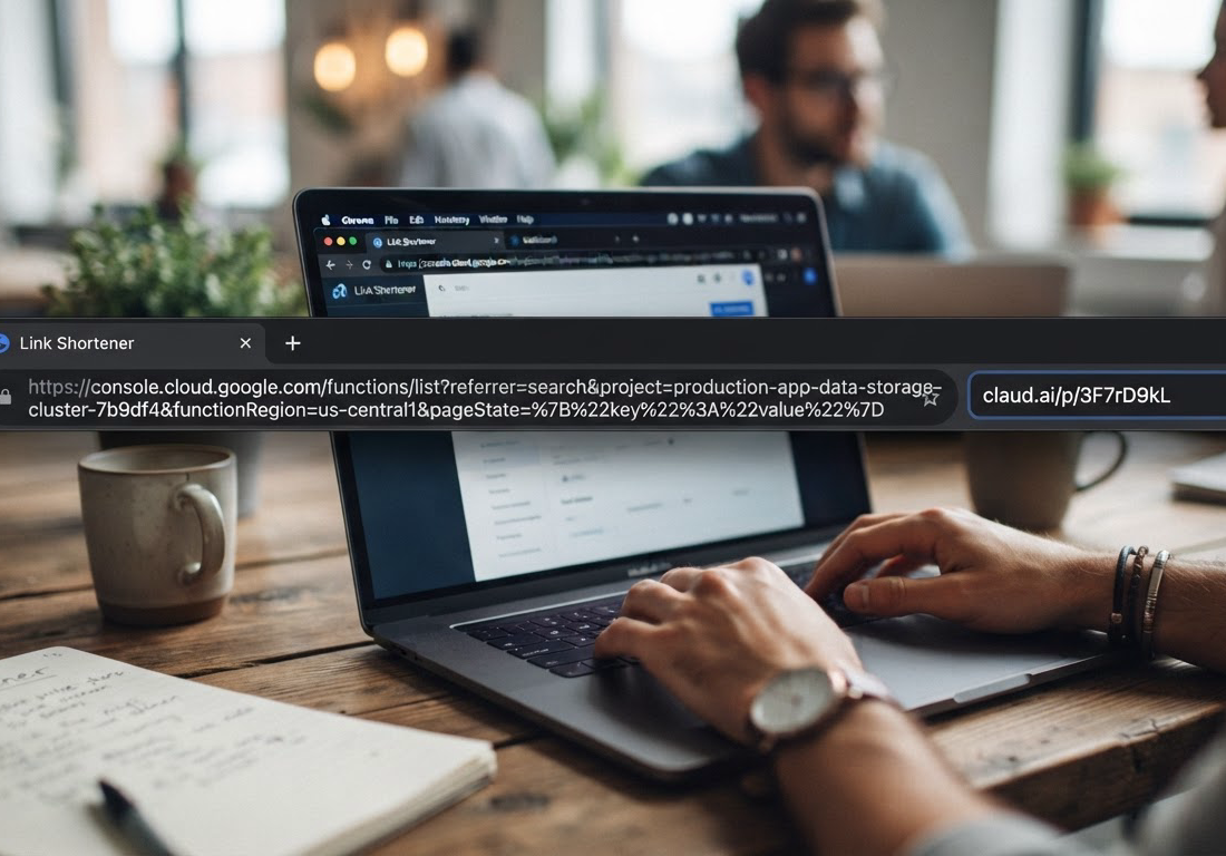 Close de barra de endereço de navegador em que uma URL longa é encurtada até um link curto, com canto inferior direito livre