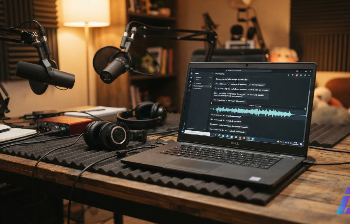 Notebook aberto sobre uma mesa de estúdio de podcast, com a tela exibindo uma forma de onda de áudio e linhas de transcrição, ao lado de microfones e fones de ouvido sob luz quente lateral