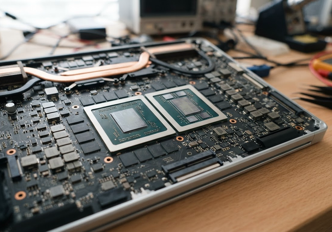 Notebook aberto sobre bancada de laboratório com a placa-mãe exposta e um superchip que une GPU e CPU em destaque, sob luz lateral suave