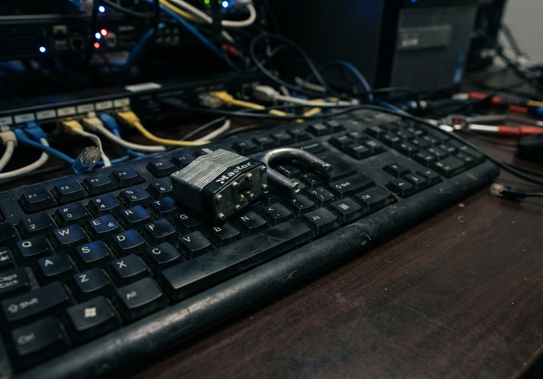 Cadeado de segurança metálico rachado ao meio pousado sobre teclado de computador, com cabos de rede desconectados ao fundo