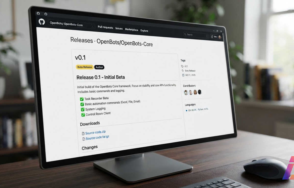Página de lançamento de um projeto de código aberto em repositório online, com etiqueta de versão v0.1 marcada como beta e data de publicação em outubro de 2026, exibida em tela de computador