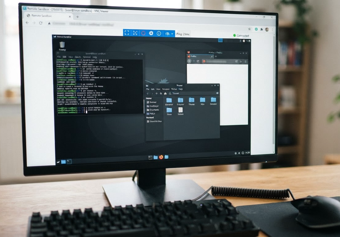 Tela de navegador mostrando sessão remota de desktop Linux em ambiente isolado, com janelas do sistema abertas e barra de conexão visível no topo