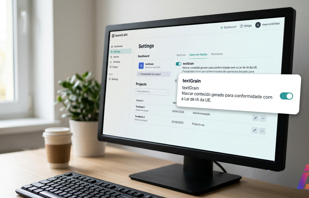 Monitor de computador em mesa de escritório exibindo painel de configurações técnicas com controles e gráficos abstratos, com teclado e iluminação suave ao fundo