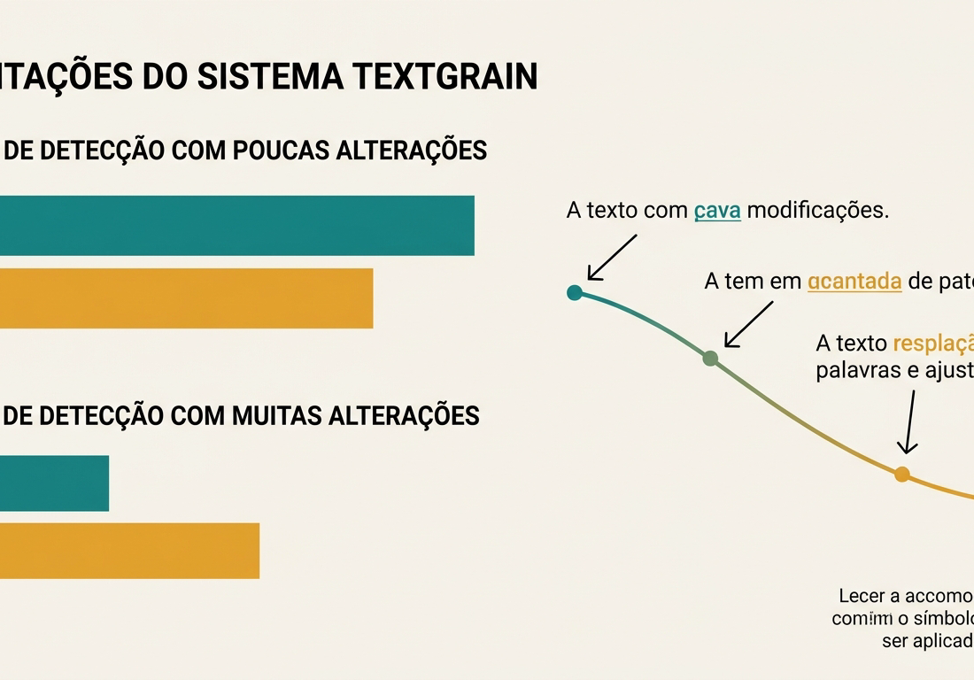 Diagrama esquemático em fundo claro com curvas analíticas em azul-petróleo e âmbar, ilustrando a queda na taxa de detecção à medida que substituições textuais aumentam.