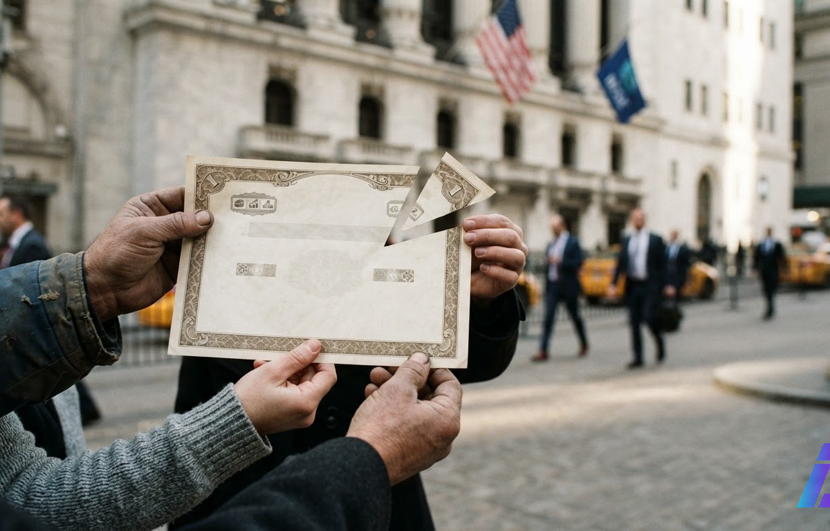 Mãos de trabalhadores seguram uma fatia recortada de um grande certificado de ações em frente à fachada da bolsa de valores de Nova York, sob a luz da manhã