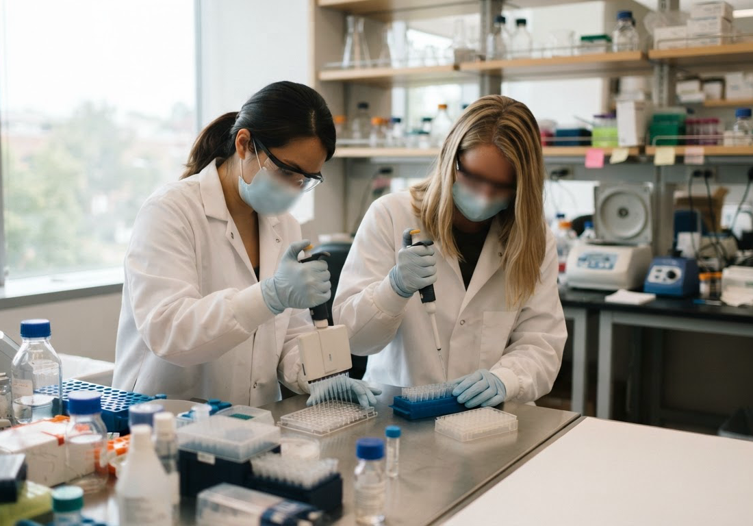 Pesquisadores de jaleco e luvas pipetam amostras biomédicas em bancada de laboratório iluminada por luz natural vinda de uma janela lateral