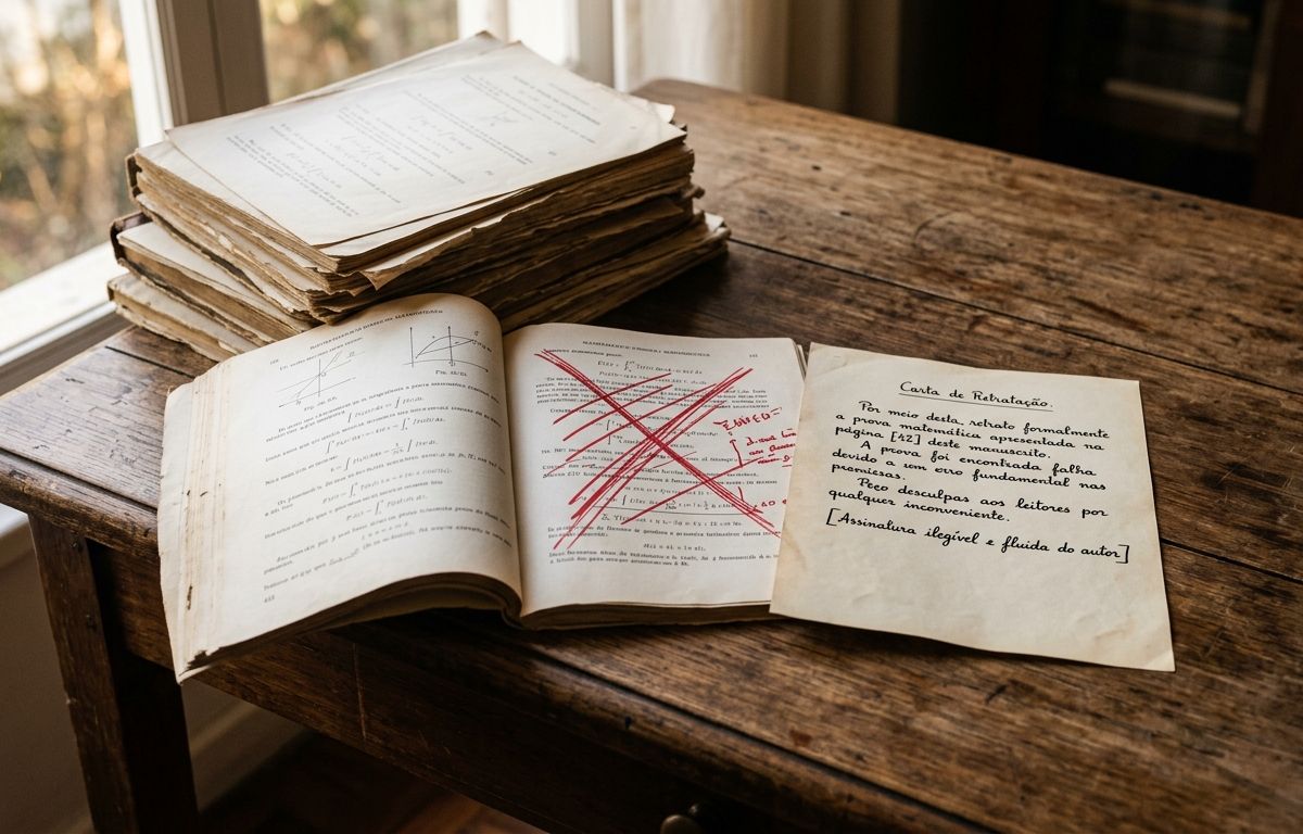 Manuscritos matemáticos impressos empilhados sobre uma mesa de madeira, com um deles aberto em uma página cuja prova está cancelada por marcações em vermelho, ao lado de uma carta de retratação assinada, sob luz lateral matinal.