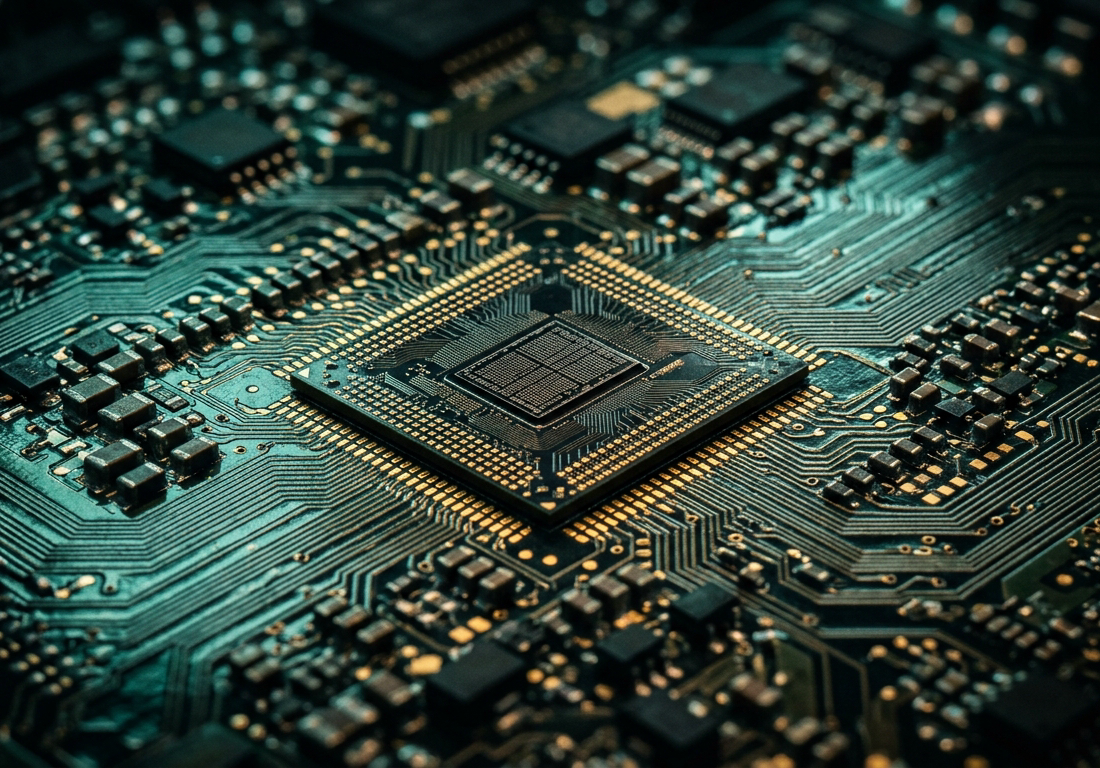 Macrofotografia de um chip SoC soldado a uma placa de circuito, visto de ângulo baixo, com o quadrado de silício ao centro cercado por fileiras densas de pads dourados, capacitores e trilhas finas que convergem para o bloco central de memór