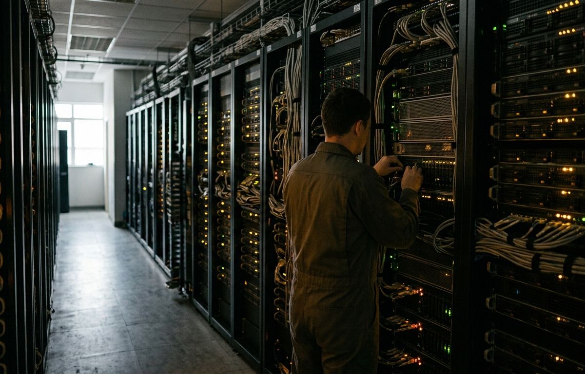 Corredor de data center com racks metálicos de servidores em perspectiva, iluminados por discretos LEDs âmbar e azul-petróleo em ambiente neutro e sóbrio.