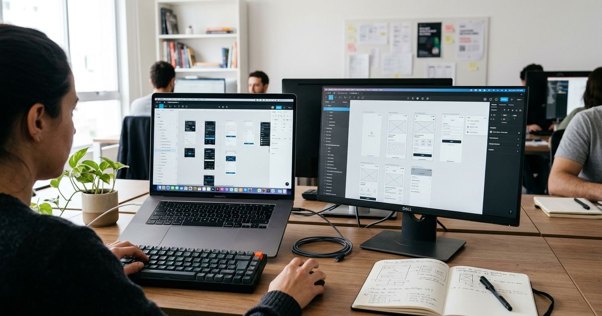 Estação de trabalho de design de produto com duas telas exibindo ferramentas de design concorrentes, teclado e caderno de anotações técnicas sobre a mesa, sob luz natural