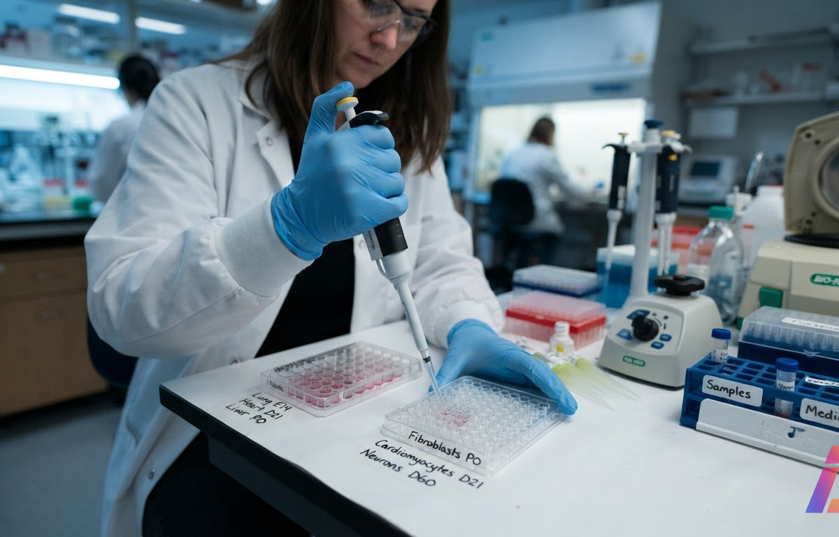 Bióloga de luvas e jaleco pipeta amostras de células em placas de cultura rotuladas, numa bancada de laboratório de genômica iluminada por luz fria lateral