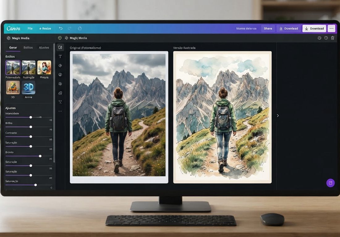 Editor Magic Media do Canva exibe a mesma figura em versões fotorrealista e ilustrada lado a lado, com barra de ajustes e paleta de estilos visíveis