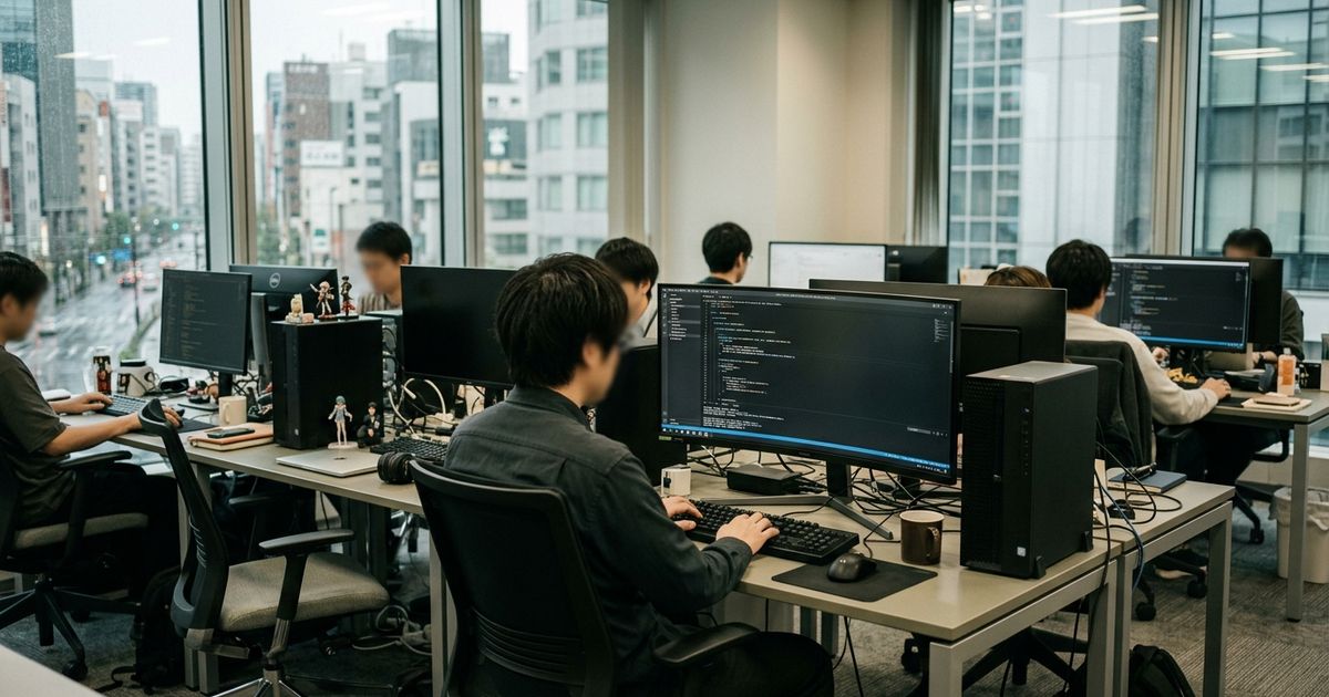 Sala de escritório de tecnologia no Japão com desenvolvedores trabalhando em estações de trabalho e código visível em monitores