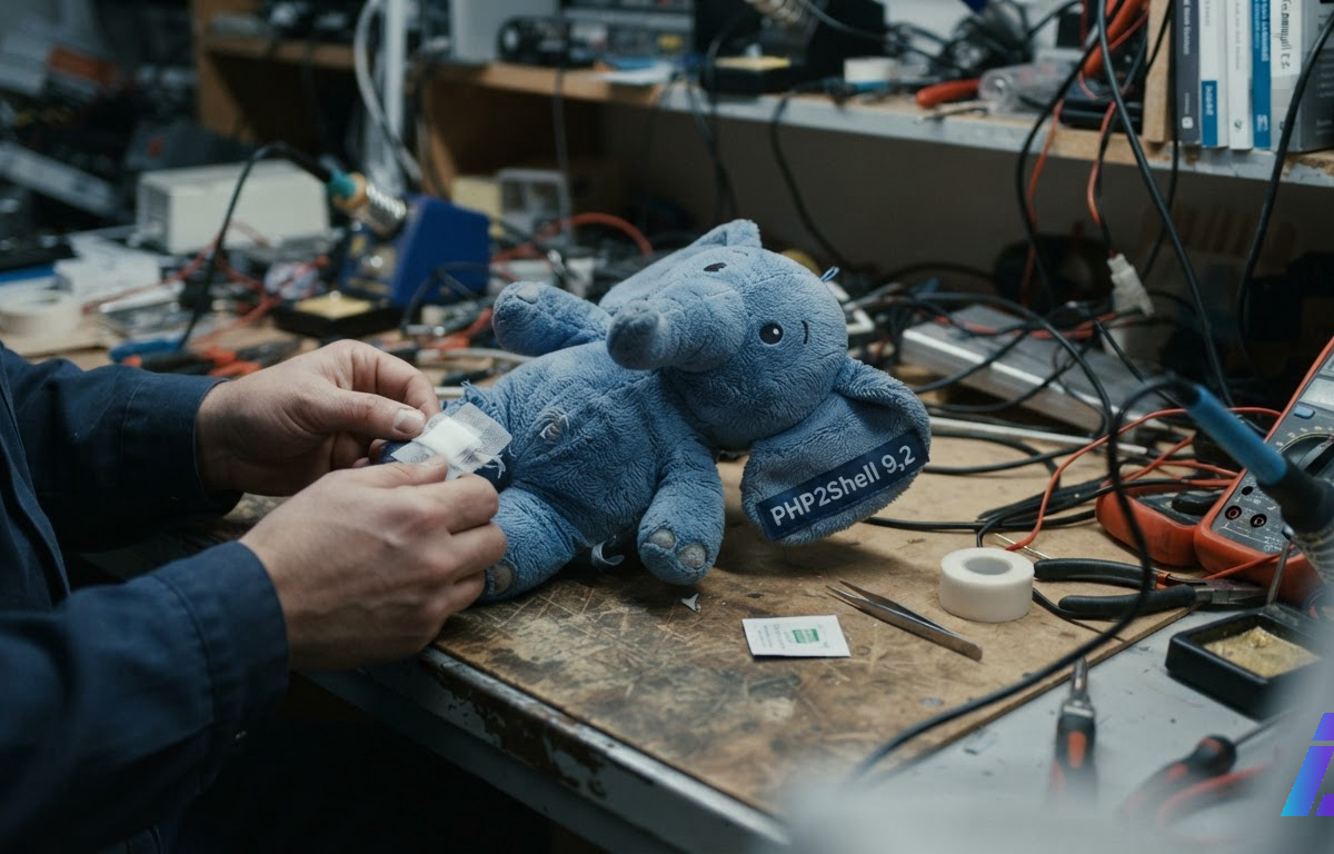 Elefante de pelúcia azul deitado sobre uma bancada de técnico recebendo um curativo, com uma etiqueta presa ao corpo e ferramentas ao redor, sob luz fria lateral