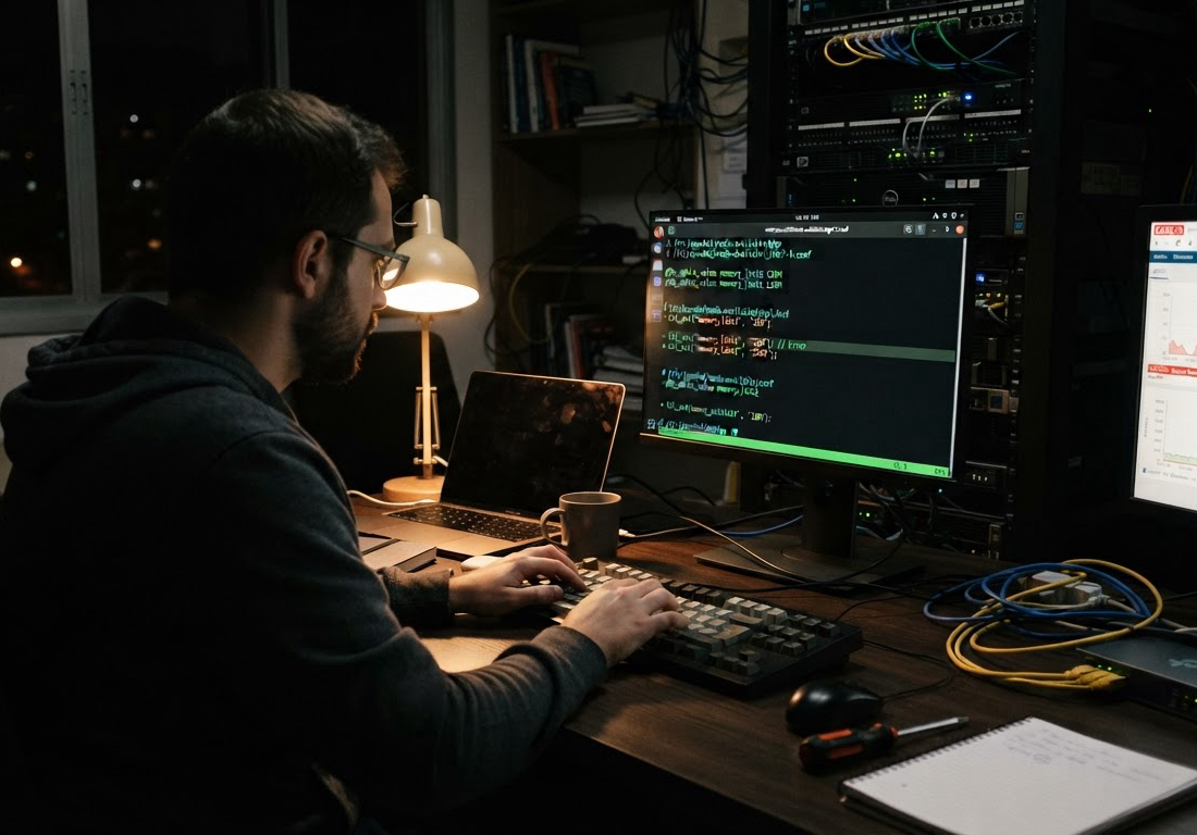 Administrador de sistemas, de costas, digita comandos em um notebook ligado a um servidor em rack num escritório escuro, iluminado apenas por uma luminária de mesa e pelos LEDs do equipamento