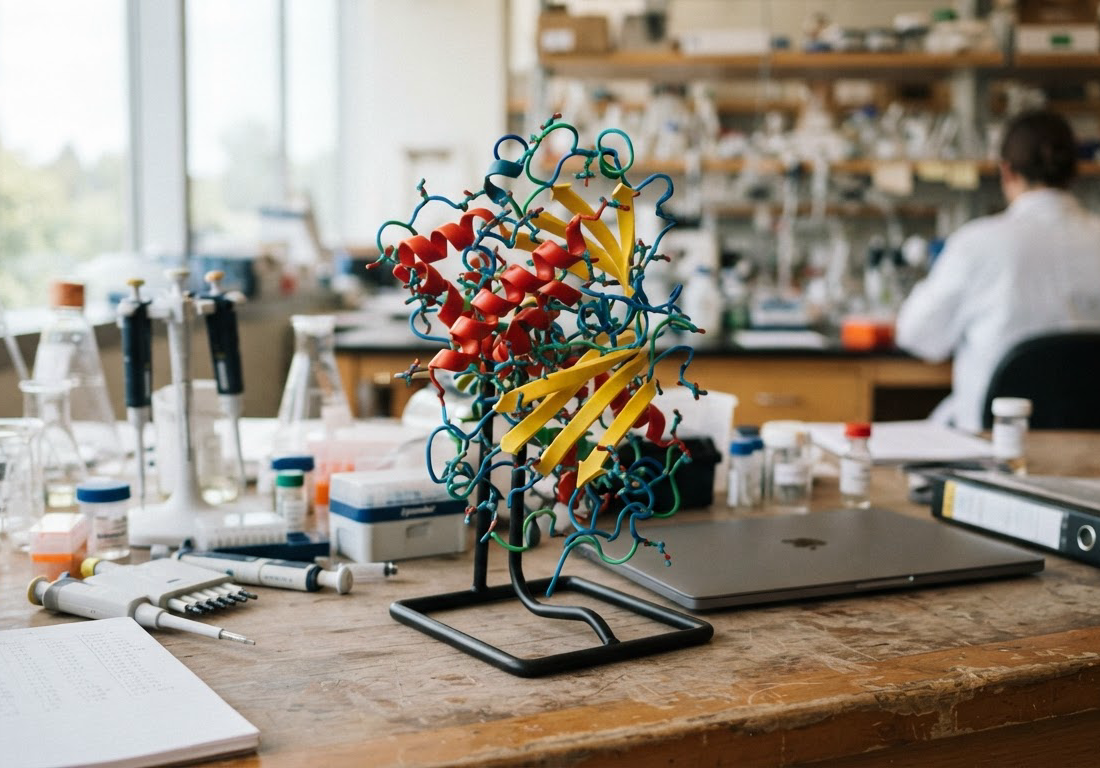 Modelo físico colorido de uma estrutura de proteína dobrada sobre bancada de laboratório de biologia estrutural, iluminado por luz natural lateral