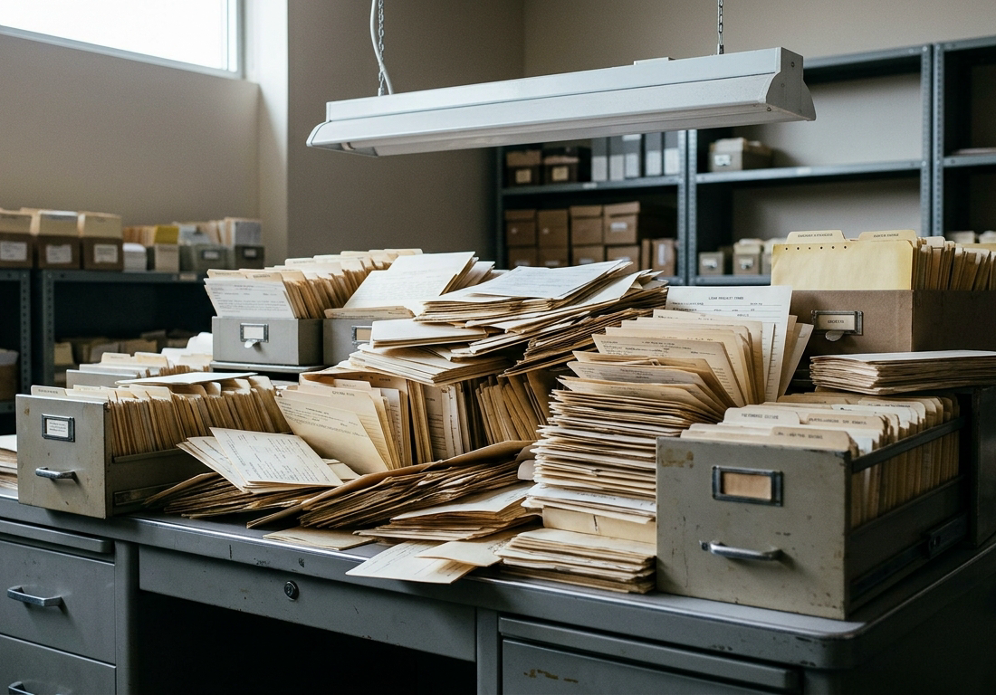 Mesa técnica de arquivo sobrecarregada por pilhas desordenadas de fichas catalográficas, pastas e formulários de papel saindo de fichários metálicos sob luz fria.