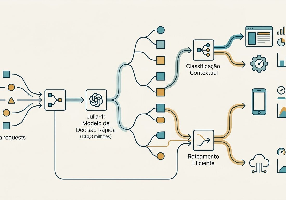 Diagrama esquemático com linhas e nós conectores em tons de azul-petróleo e âmbar sobre fundo claro, representando a triagem e o roteamento de dados por árvore de decisão.