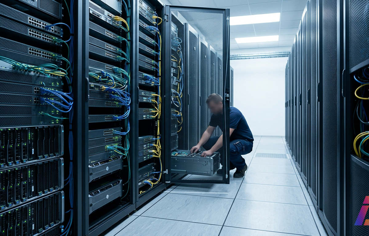 Corredor de centro de dados com racks de servidores em operação e luzes indicadoras refletidas no piso técnico.