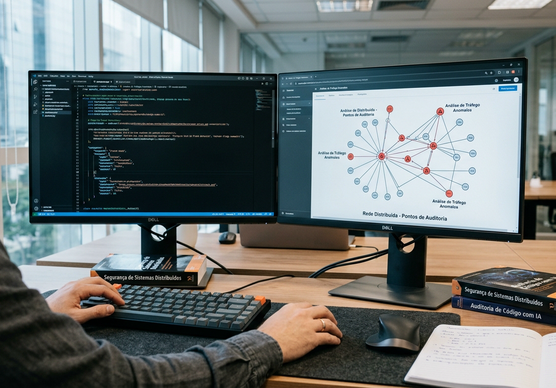 Estação de trabalho com monitores exibindo análise de código e telemetria de segurança de software.