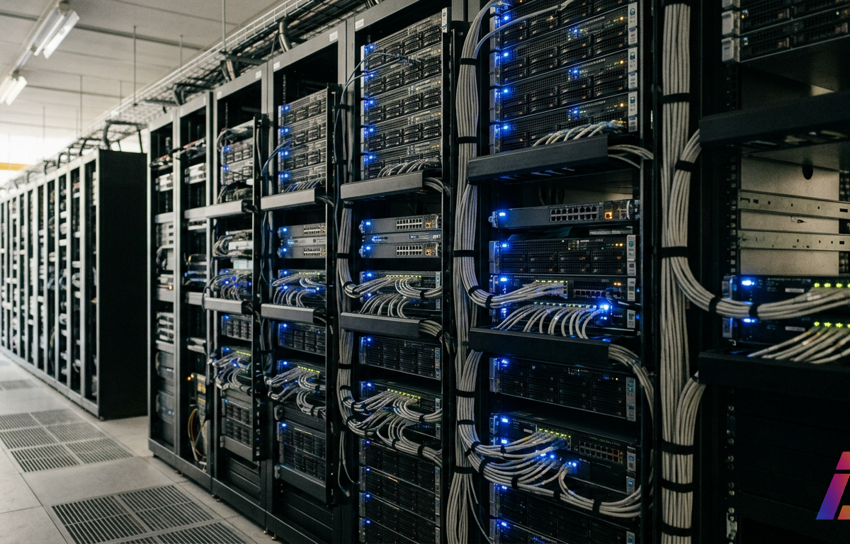 Corredor de data center com racks metálicos de servidores, luzes indicadoras sutis e feixes organizados de cabos de rede.