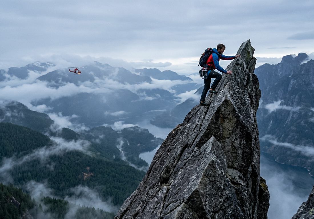 Vista aérea em teleobjetiva de um couloir de granito cinza-azulado nas montanhas ao norte de Vancouver, onde um caminhante minúsculo, de costas e com mochila de escalada e capacete pendurado na alça, está parado num degrau estreito entre du