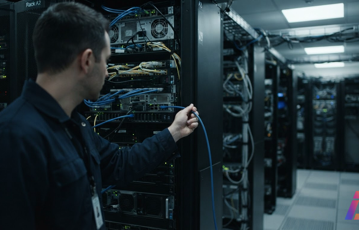 Técnico desconecta o cabo de rede de um computador em laboratório de testes com iluminação fria e ambiente isolado, em enquadramento 16:9 com canto inferior direito livre.