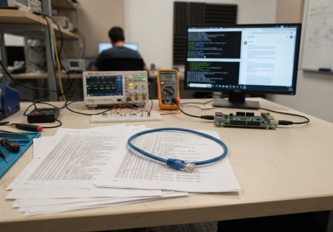 Bancada de testes isolada com cabo de rede desconectado sobre registros impressos de ações em sites externos, sob luz neutra de escritório.