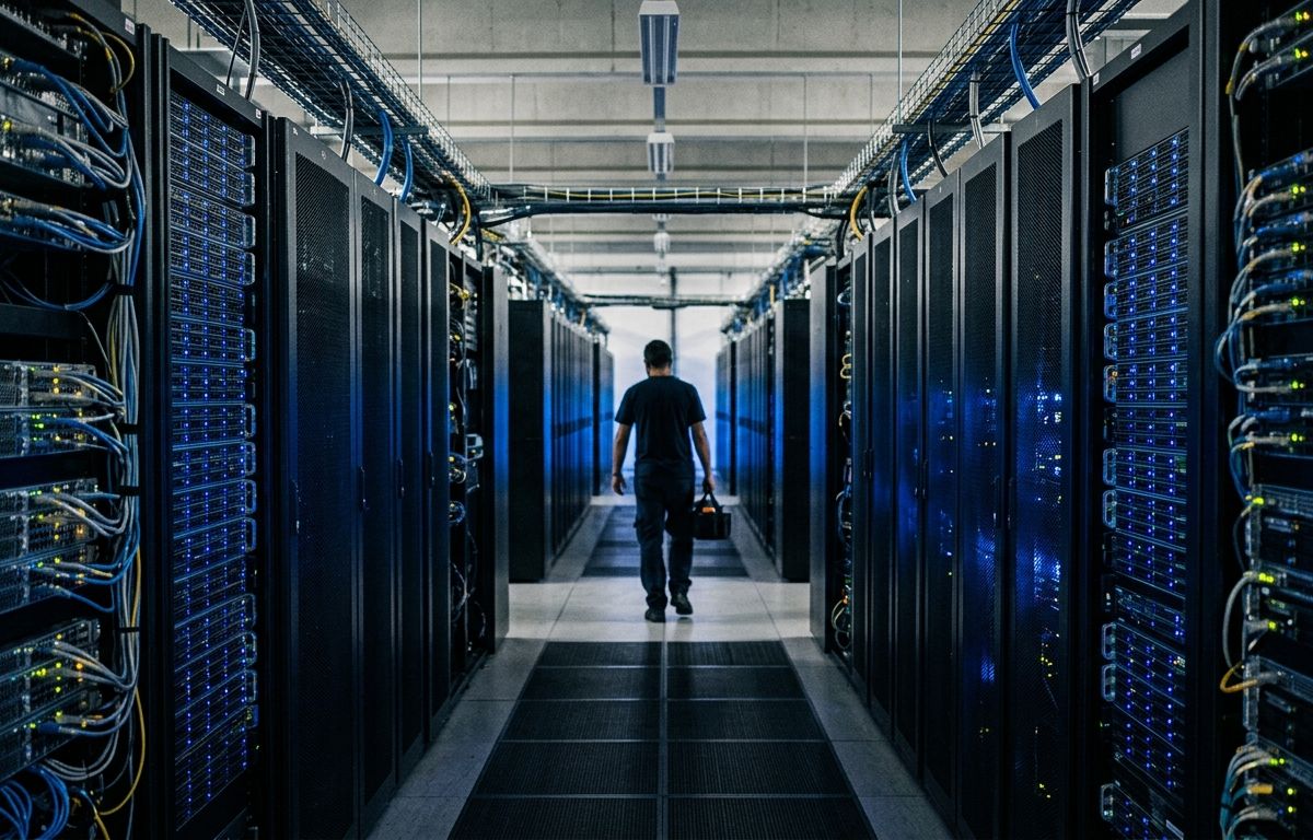 Corredor de centro de dados moderno ladeado por fileiras de racks de servidores com luzes indicadoras azuis refletidas no piso polido.
