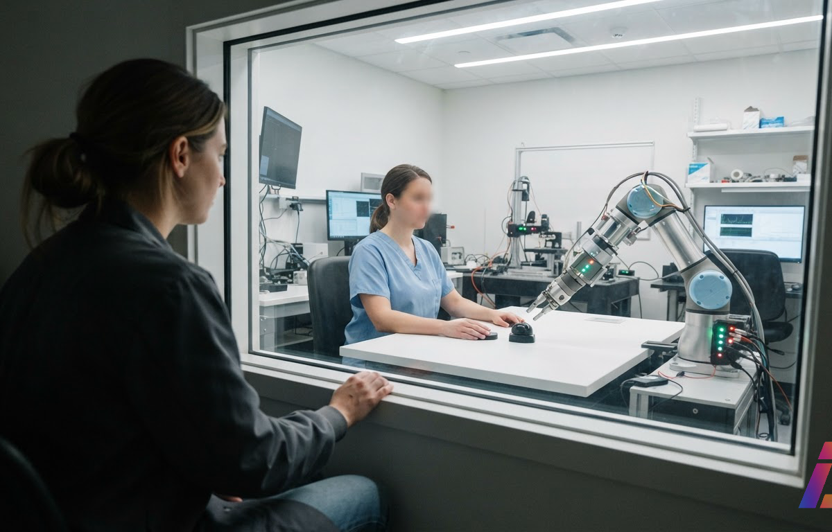 Participante observa atrás de vidro um braço robótico e uma pessoa reagindo ao mesmo som de campainha em laboratório com luz fria e neutra