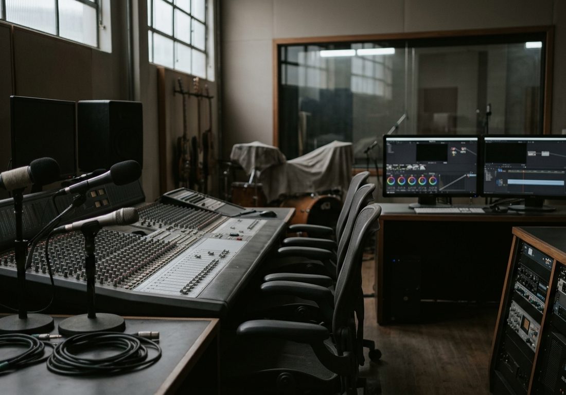 Mesa de mixagem de som e monitores de edição de vídeo desligados em um estúdio audiovisual vazio e silencioso.