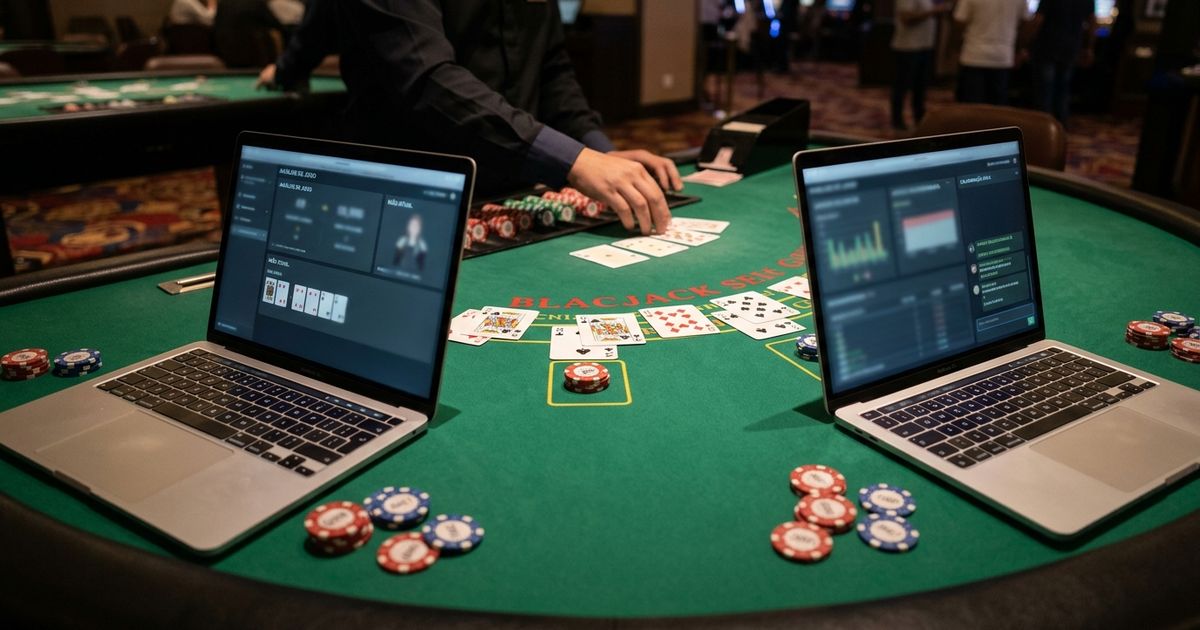 Mesa de blackjack com cartas espalhadas e fichas, tendo dois laptops abertos à frente em uma sala com luz natural