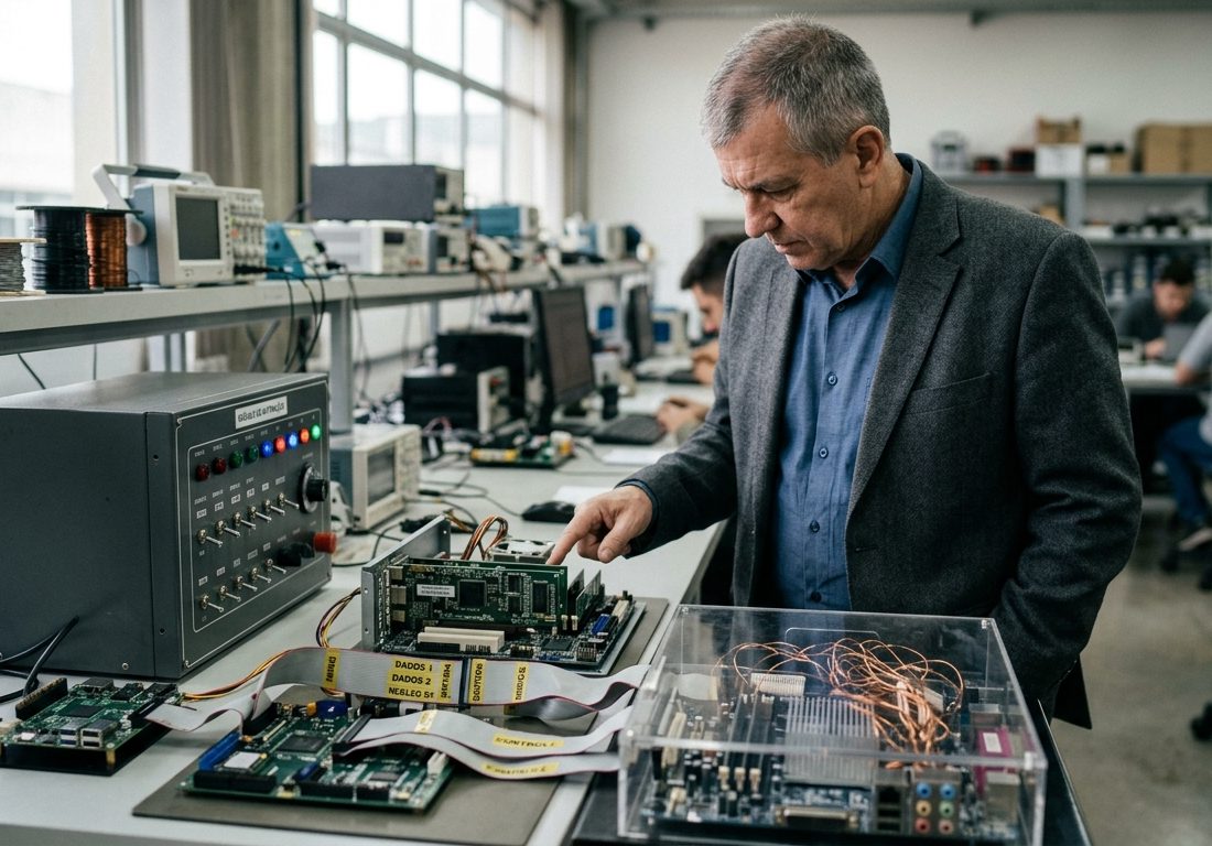 Placas de circuito impresso com trilhas de dados e barramentos lógicos iluminados por luz suave em bancada técnica clara.