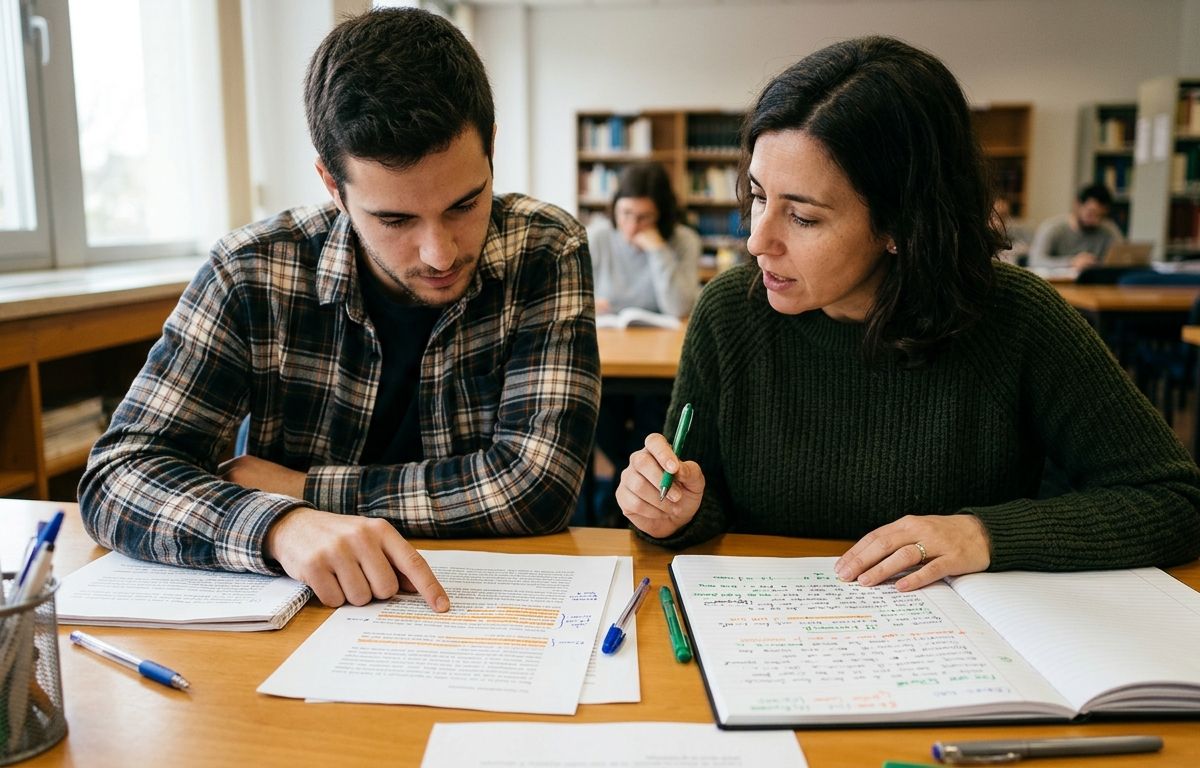 Duas pessoas sentadas à mesa clara examinando folhas impressas com trechos destacados em canetas marca-texto coloridas.