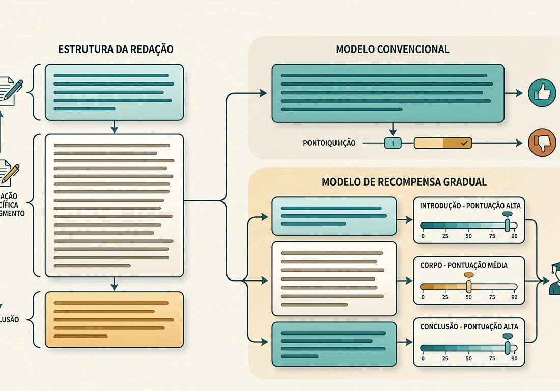 Diagrama esquemático sobre fundo claro dividindo uma página em três seções horizontais com barras coloridas em azul-petróleo e âmbar indicando diferentes níveis de pontuação por trecho.
