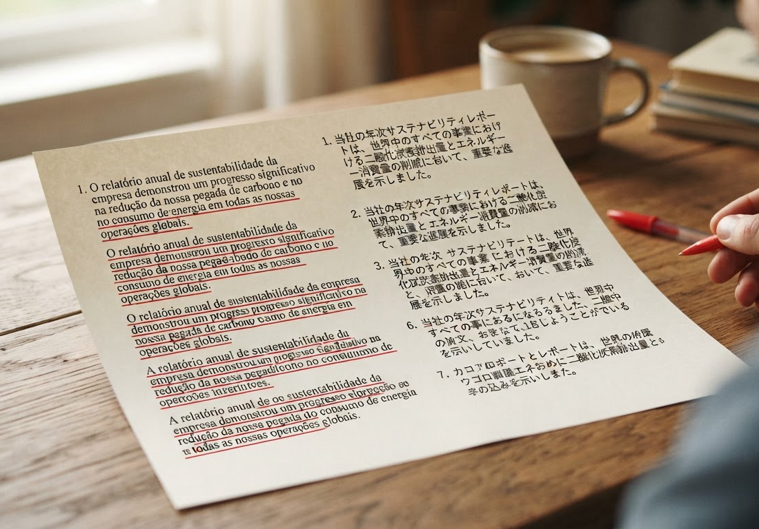 Folha impressa em português e sua tradução em japonês lado a lado sobre mesa de madeira, com frases longas sublinhadas em caneta vermelha, sob luz natural lateral