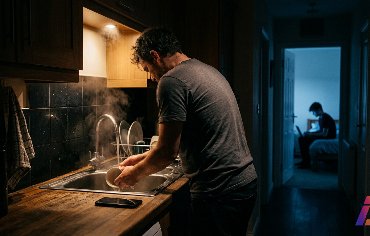 Cozinha doméstica em penumbra ao final da noite, onde um adulto de camiseta, visto de costas, lava uma xícara na pia de aço sob a luz quente de um único spot embutido, com vapor subindo suavemente. Na bancada de madeira ao lado, um celular