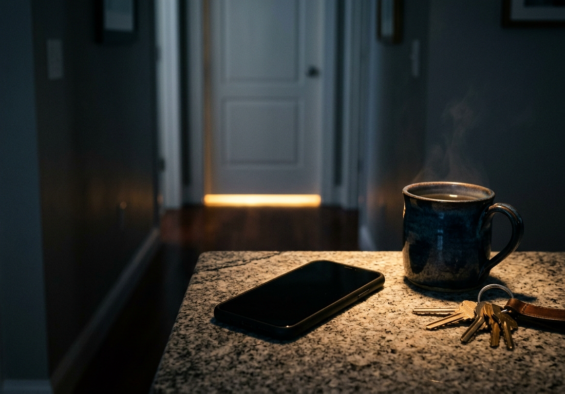 Cozinha de casa em penumbra azul-cinza tarde da noite, com uma lâmpada acesa sobre a bancada lançando facho quente e estreito sobre um celular desligado de tela escura virado para cima, ao lado de uma xícara de chá esfriando e um molho de c