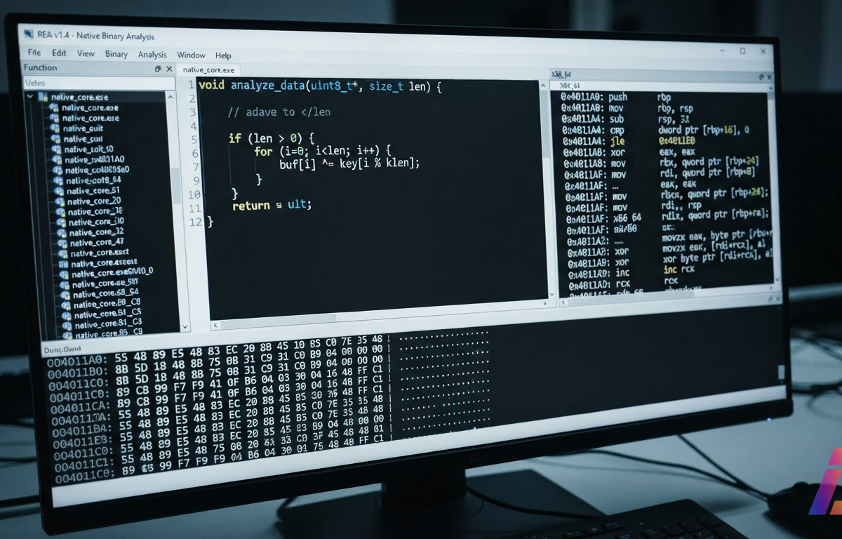 Tela em close exibindo pseudocódigo descompilado e assembly de um binário nativo pela ferramenta REA, com dump hexadecimal visível sob luz fria, canto inferior direito livre