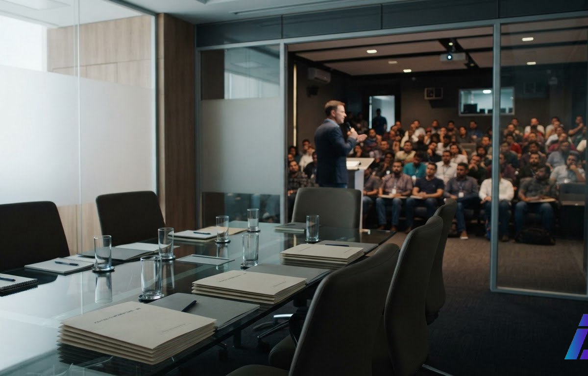 Sala de entrevistas corporativa com cadeiras vazias ao redor de uma mesa de vidro contendo pastas fechadas, com um executivo discursando para funcionários em um auditório ao fundo.
