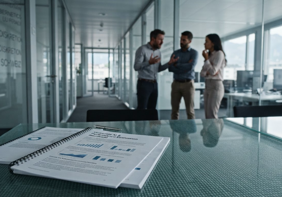 Documentos impressos sobre uma mesa de vidro em primeiro plano, com funcionários conversando de forma tensa em um corredor de escritório desfocado ao fundo sob iluminação fria.