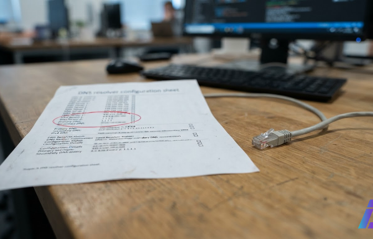 Folha impressa de configuração de resolvedor DNS sobre uma mesa, com uma linha circulada em caneta vermelha e um cabo de rede desconectado ao lado, sob luz fria de escritório